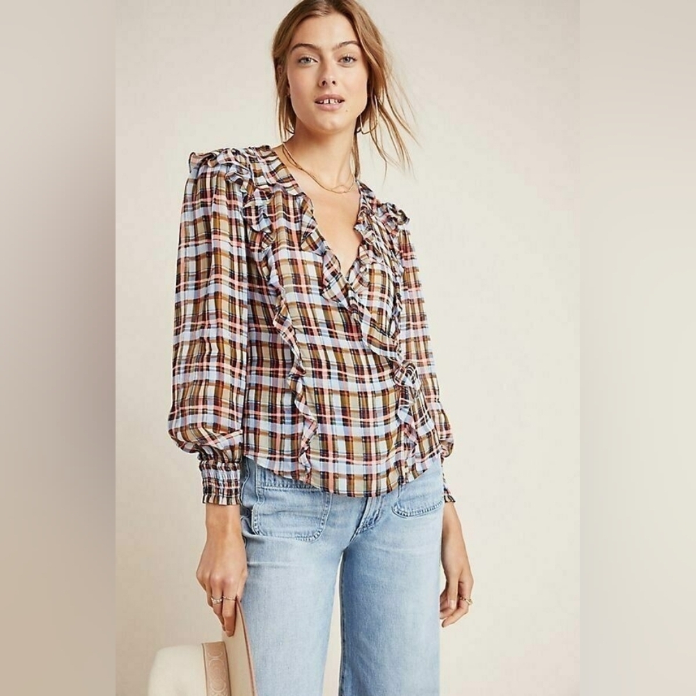 Anthropologie Laila Ruffled Plaid Blouse by Maeve Size 10 100% Viscosa